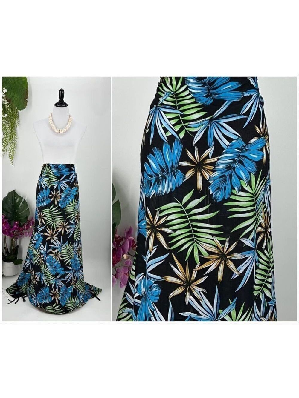Black/Green/Blue Tropical Floral Palm MAXI SARONG Kīkepa Pareo Beach Wrap Skirt